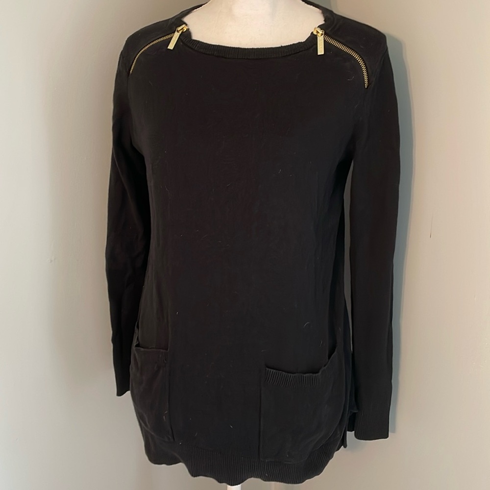 Michael Kors Black Long Sweater Gold Shoulder Zippers Front Pockets size L